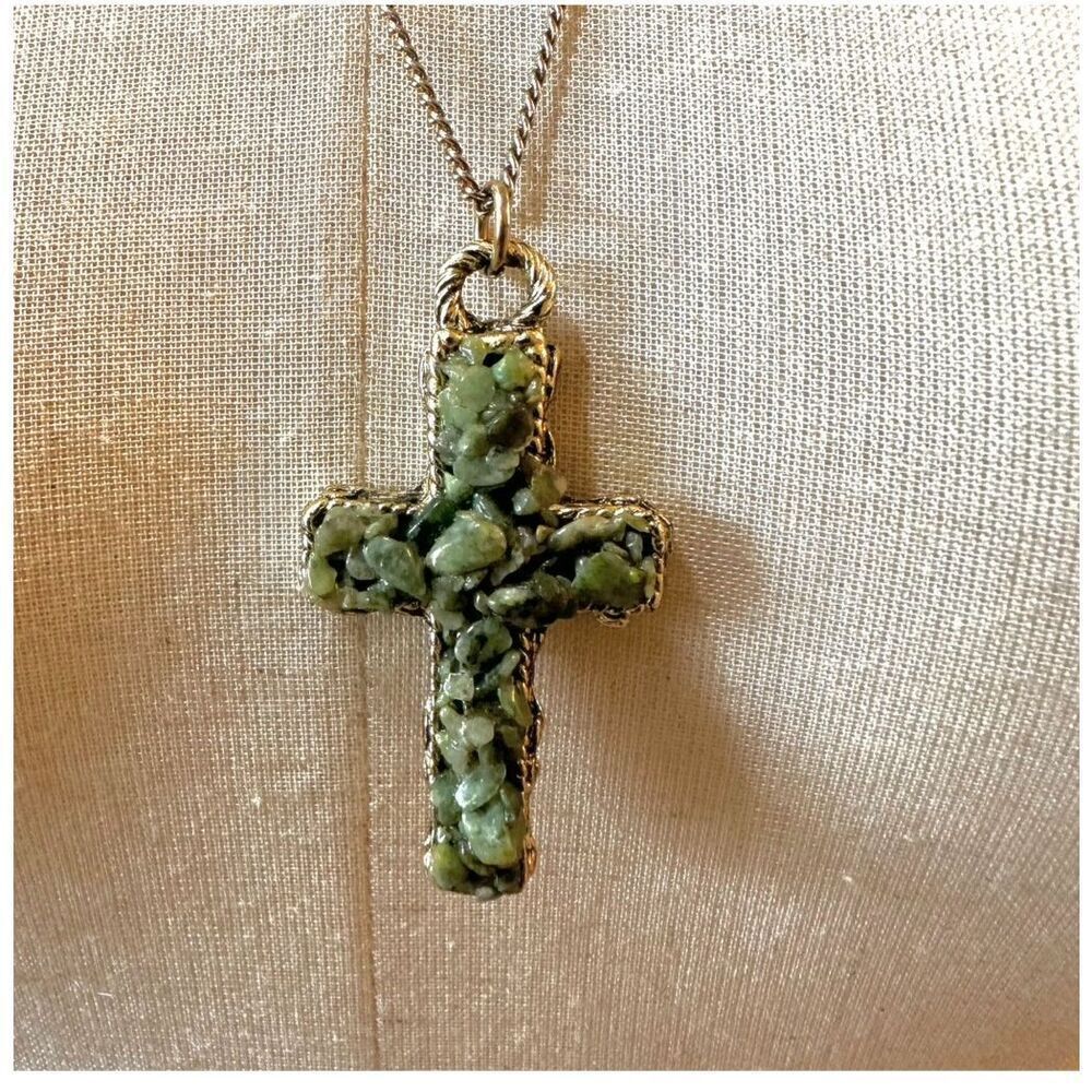 Byzantine cross with jade chips pendant necklace